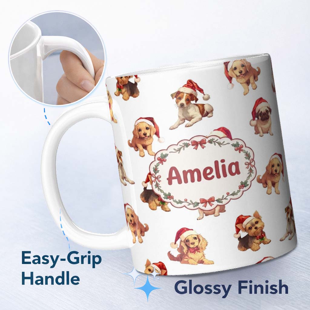 Personalized Custom Name Cute Christmas Puppies in Santa Hats Seamless Pattern White 11oz Ceramic Coffee Tea Mug White Large Handle