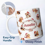 Personalized Custom Name Cute Christmas Puppies in Santa Hats Seamless Pattern White 11oz Ceramic Coffee Tea Mug White Large Handle