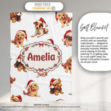 Cute Christmas Puppies in Santa Hats Seamless Pattern White  Personalised Custom Name Super Soft Fleece Blanket Bed Sofa Throw