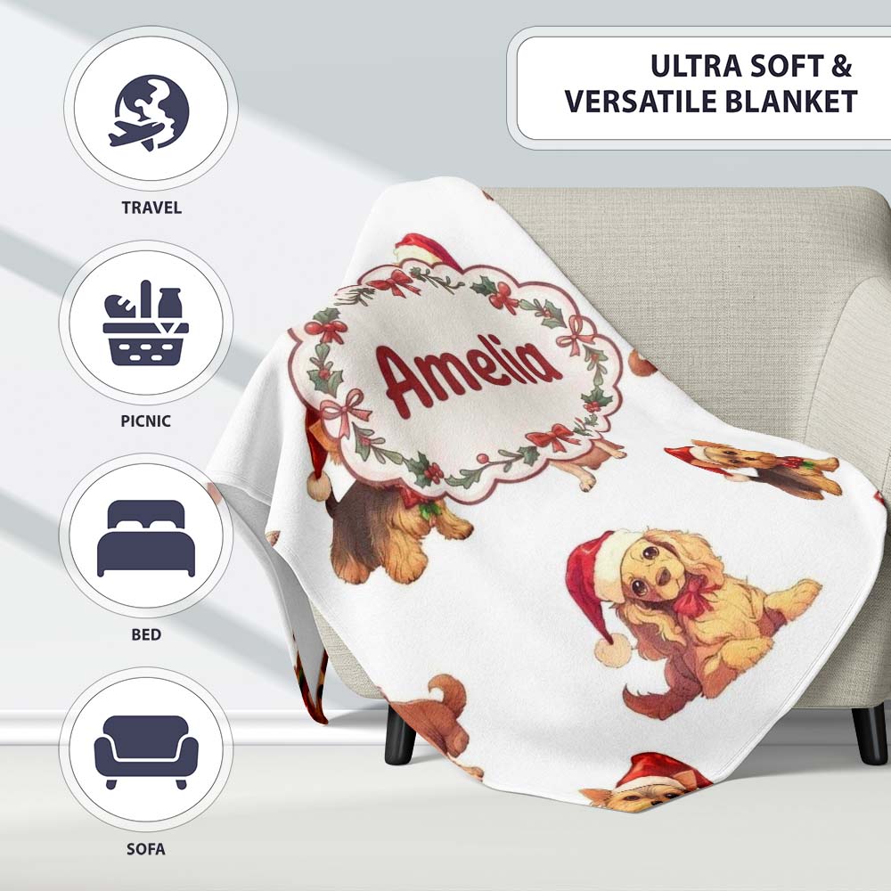 Cute Christmas Puppies in Santa Hats Seamless Pattern White  Personalised Custom Name Super Soft Fleece Blanket Bed Sofa Throw