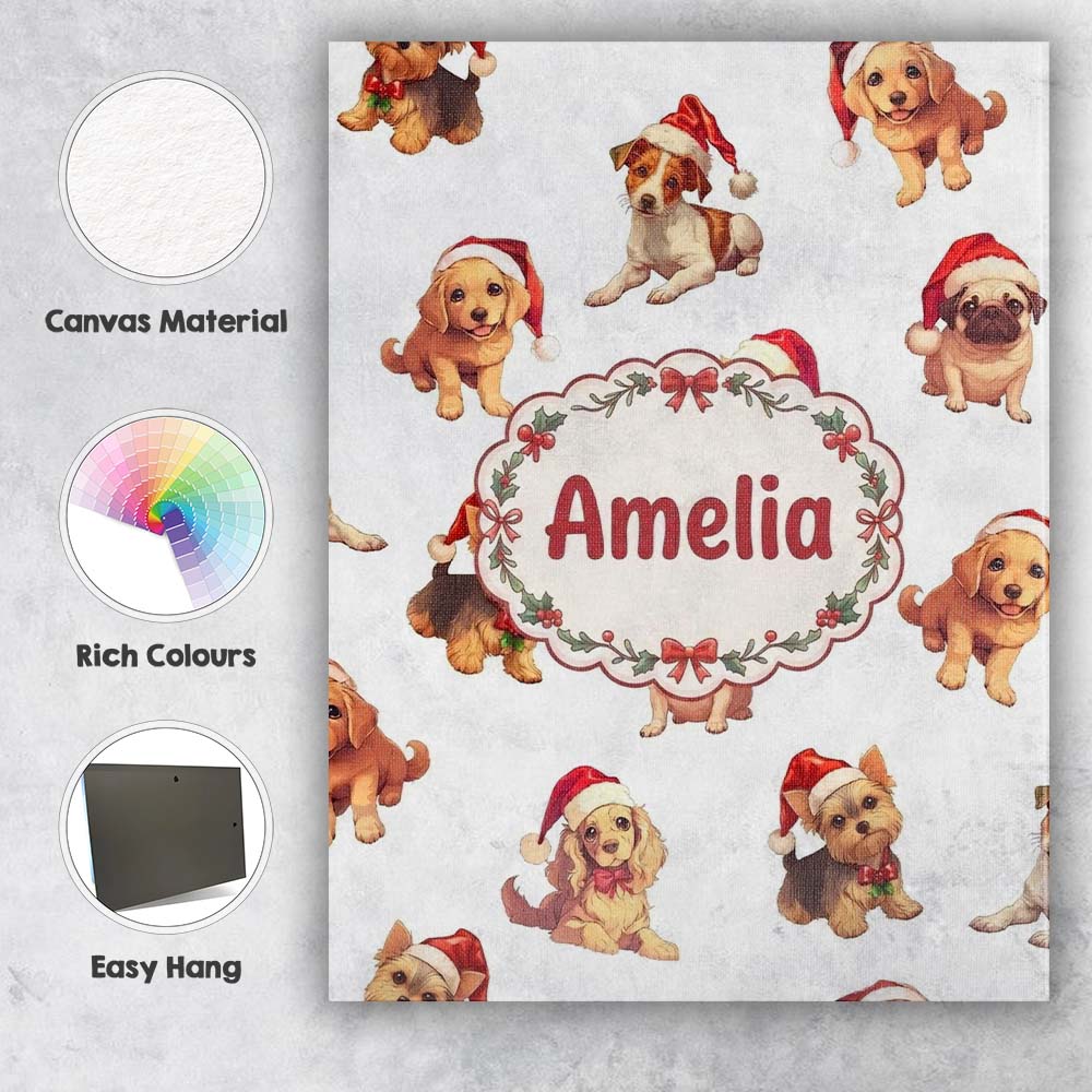 Personalised Name Cute Christmas Puppies in Custom  Bespoke Interior Contemporary Canvas Wall Art Print Decor Picture Ready to Hang