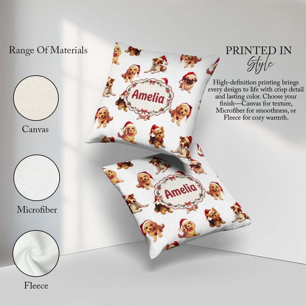 Custom Name Cute Christmas Puppies in Santa Hats Seamless White Square Filled Cushion Throw Pillow Sofa Bed Home Decor Zip Washable UK Made
