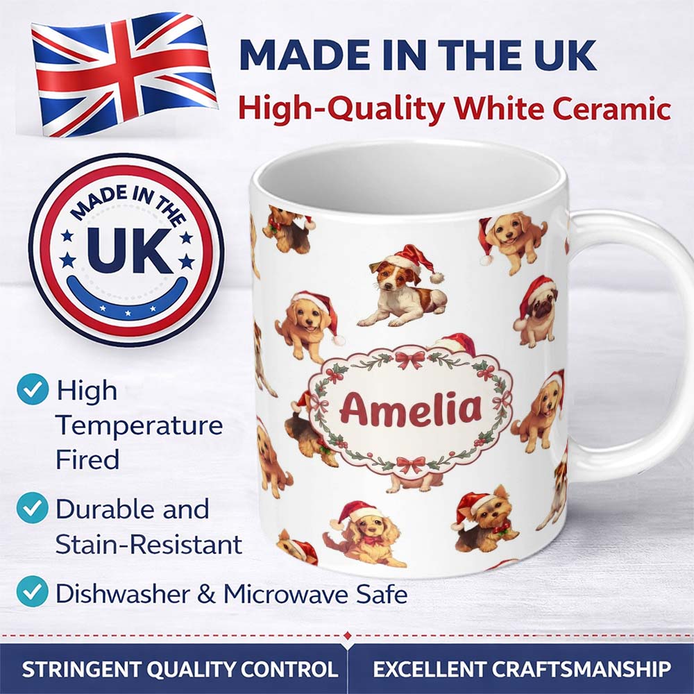 Personalized Custom Name Cute Christmas Puppies in Santa Hats Seamless Pattern White 11oz Ceramic Coffee Tea Mug White Large Handle