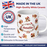 Personalized Custom Name Cute Christmas Puppies in Santa Hats Seamless Pattern White 11oz Ceramic Coffee Tea Mug White Large Handle