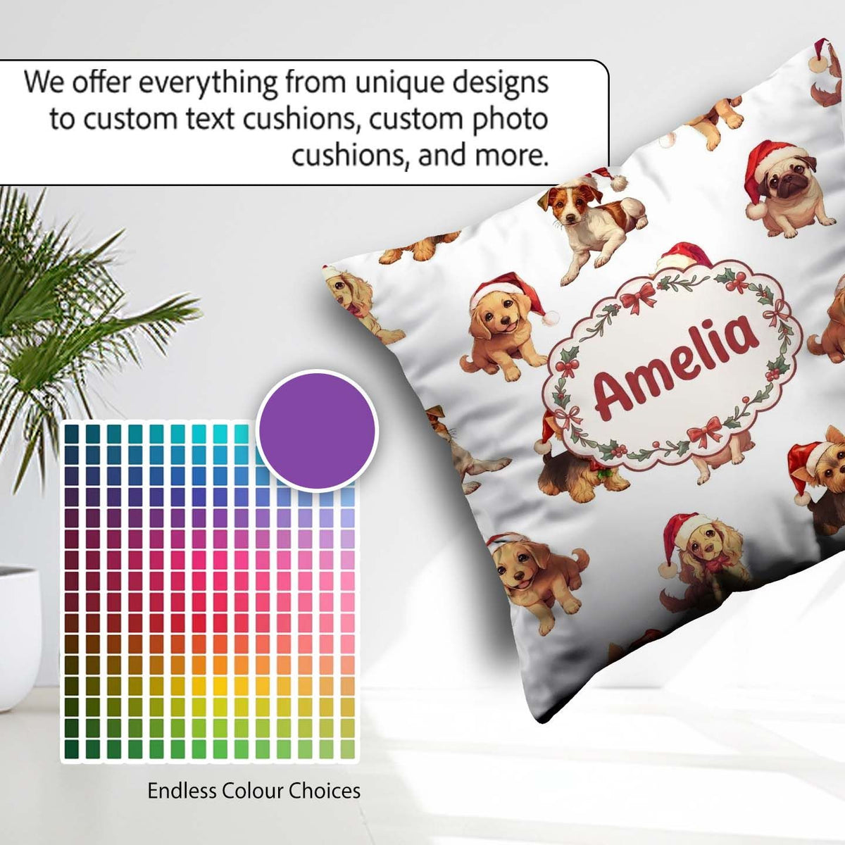 Custom Name Cute Christmas Puppies in Santa Hats Seamless White Square Filled Cushion Throw Pillow Sofa Bed Home Decor Zip Washable UK Made