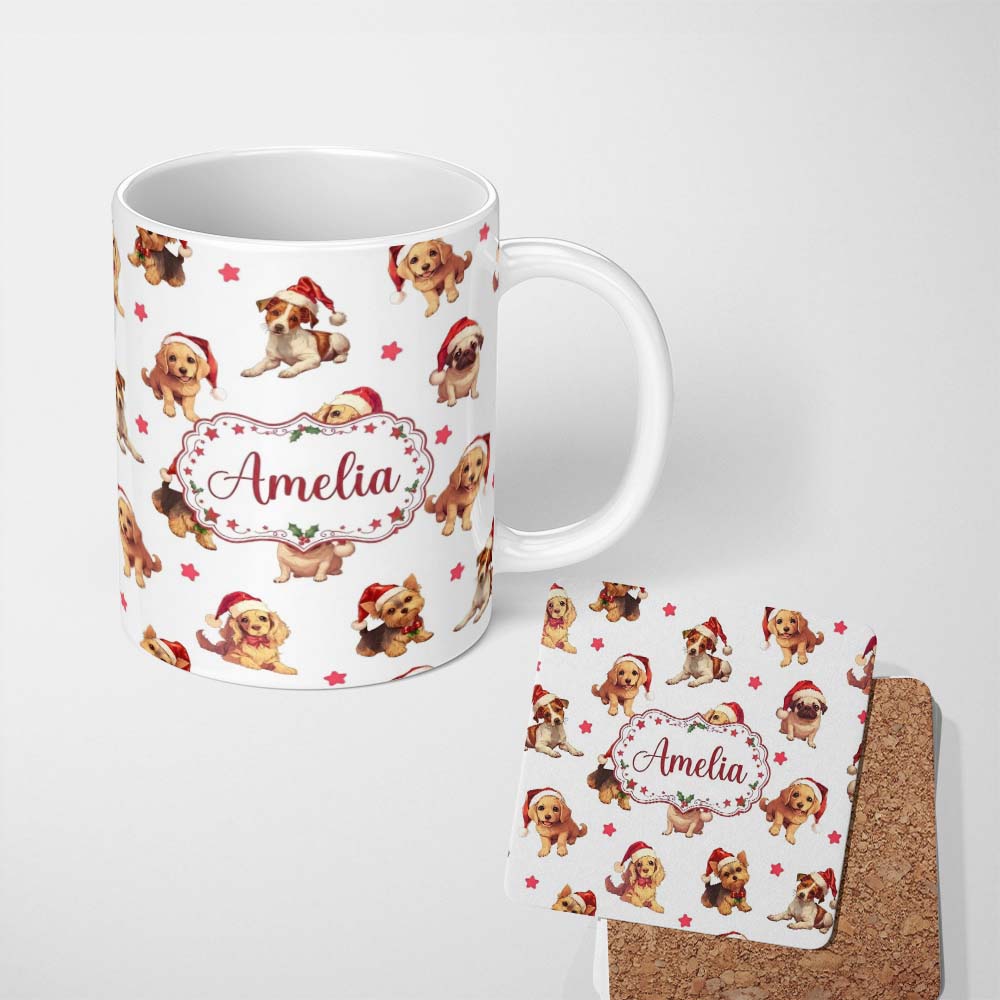 Personalized Custom Name Cute Christmas Puppies in Santa Hats Seamless Pattern Star 11oz Ceramic Coffee Tea Mug White Large Handle