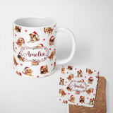 Personalized Custom Name Cute Christmas Puppies in Santa Hats Seamless Pattern Star 11oz Ceramic Coffee Tea Mug White Large Handle