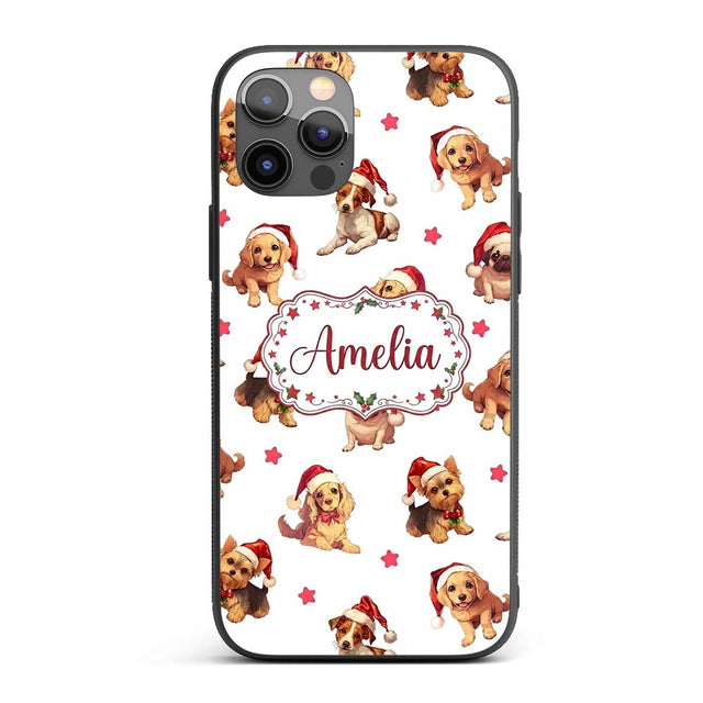 Cute Christmas Puppies in Santa Hats Seamless Custom Name Protective Phone Case Mobile Cover Durable Everyday Smartphone Shock Resistant