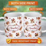 Personalized Custom Name Cute Christmas Puppies in Santa Hats Seamless Pattern Star 11oz Ceramic Coffee Tea Mug White Large Handle