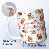 Personalized Custom Name Cute Christmas Puppies in Santa Hats Seamless Pattern Star 11oz Ceramic Coffee Tea Mug White Large Handle
