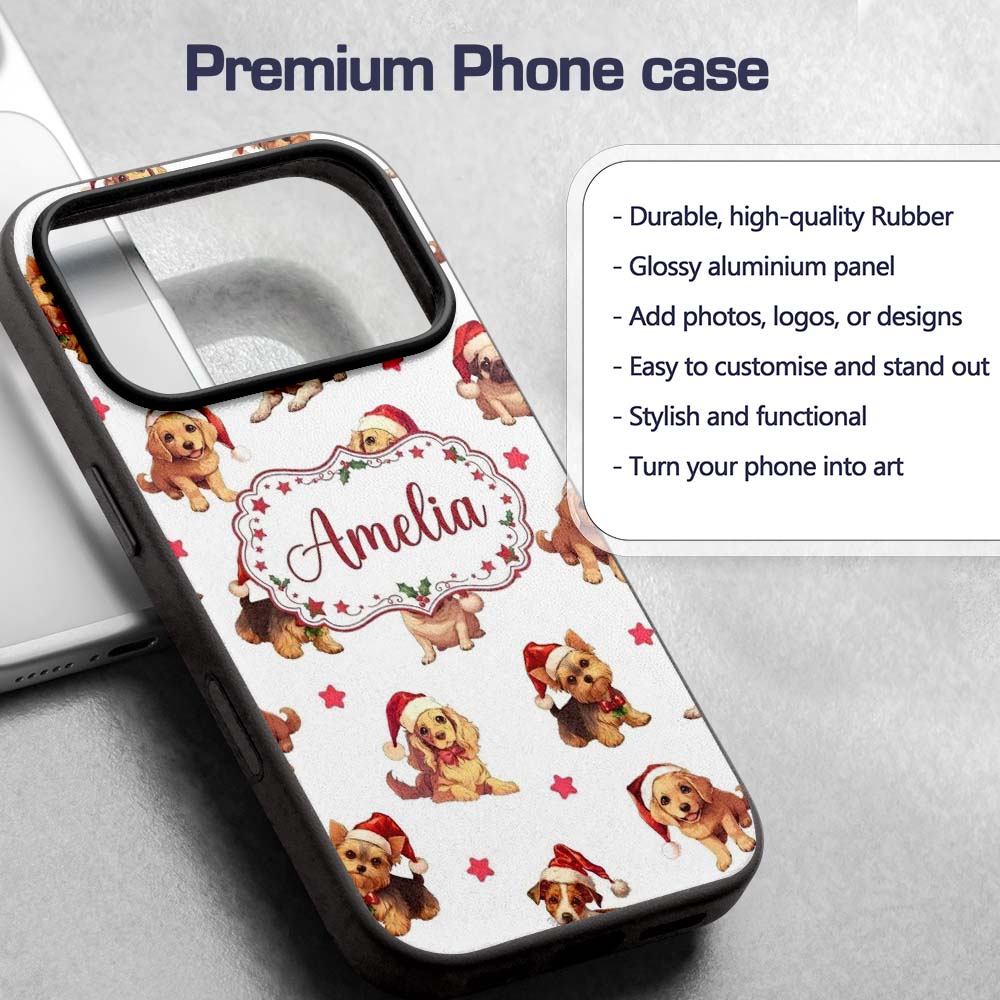 Cute Christmas Puppies in Santa Hats Seamless Custom Name Protective Phone Case Mobile Cover Durable Everyday Smartphone Shock Resistant