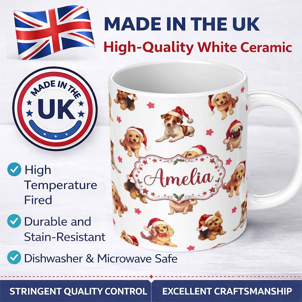 Personalized Custom Name Cute Christmas Puppies in Santa Hats Seamless Pattern Star 11oz Ceramic Coffee Tea Mug White Large Handle