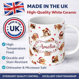 Personalized Custom Name Cute Christmas Puppies in Santa Hats Seamless Pattern Star 11oz Ceramic Coffee Tea Mug White Large Handle