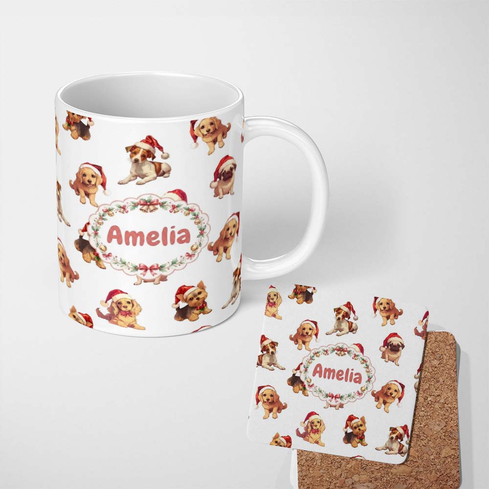 Personalized Custom Name Cute Christmas Puppies in Santa Hats Seamless Pattern Soft Grey 11oz Ceramic Coffee Tea Mug White Large Handle