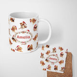 Personalized Custom Name Cute Christmas Puppies in Santa Hats Seamless Pattern Soft Grey 11oz Ceramic Coffee Tea Mug White Large Handle