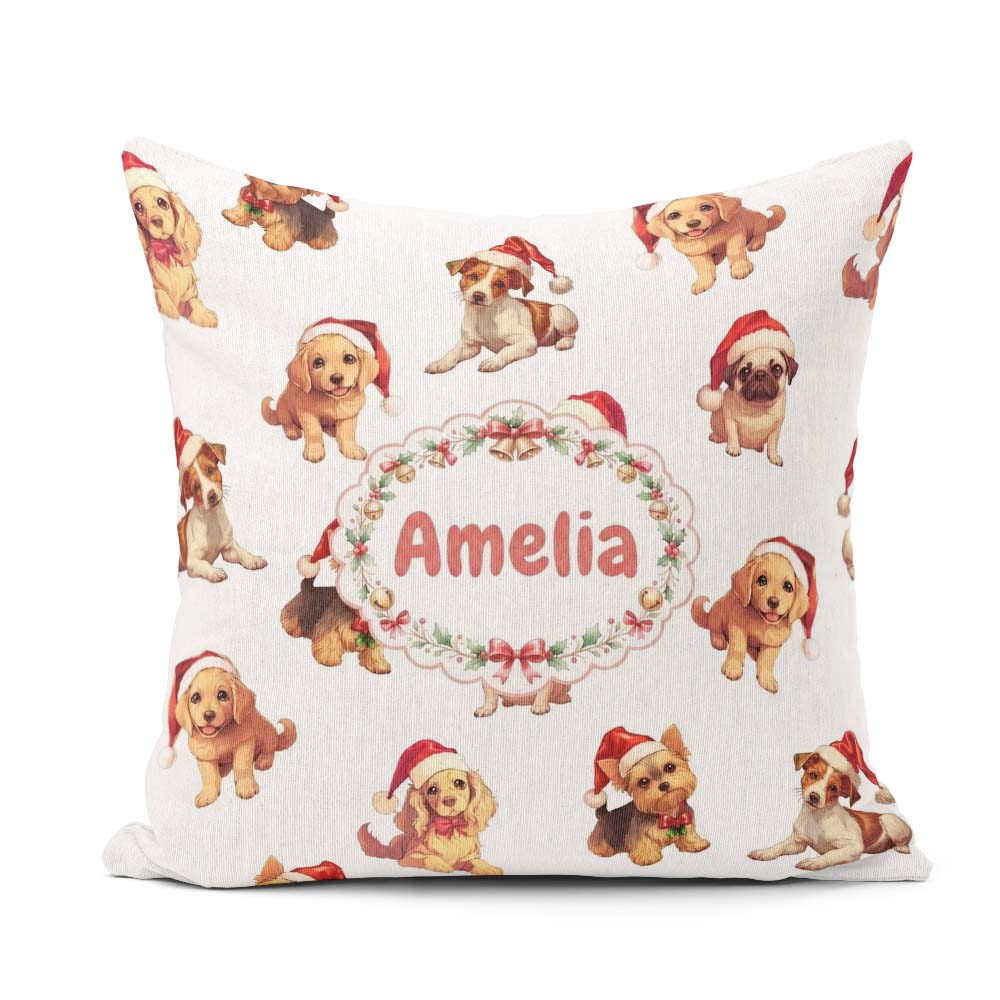 Custom Name Christmas Puppies in Hats Seamless Pattern Soft Grey Square Filled Cushion Throw Pillow Sofa Bed Home Decor Zip Washable UK Made