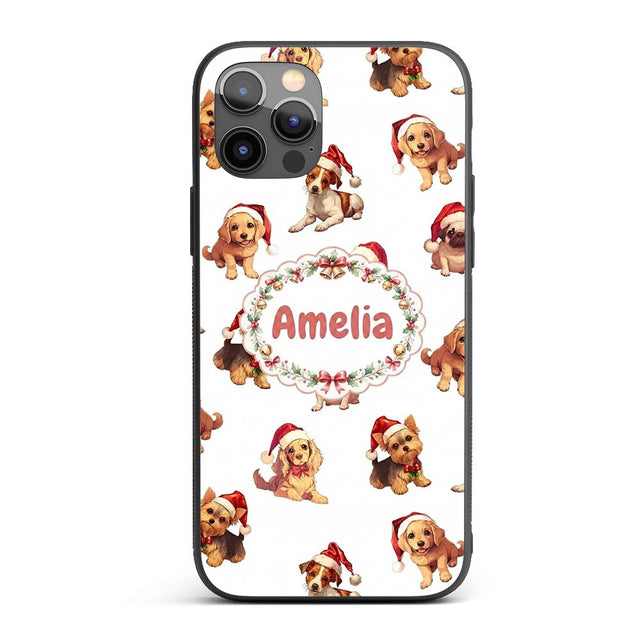 Cute Christmas Puppies in Santa Hats Seamless Custom Name Protective Phone Case Mobile Cover Durable Everyday Smartphone Shock Resistant