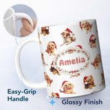 Personalized Custom Name Cute Christmas Puppies in Santa Hats Seamless Pattern Soft Grey 11oz Ceramic Coffee Tea Mug White Large Handle