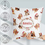 Custom Name Christmas Puppies in Hats Seamless Pattern Soft Grey Square Filled Cushion Throw Pillow Sofa Bed Home Decor Zip Washable UK Made