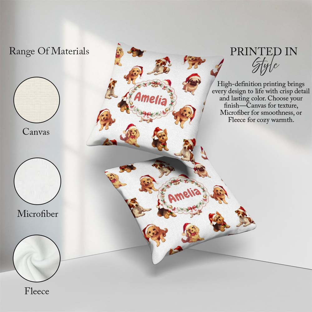 Custom Name Christmas Puppies in Hats Seamless Pattern Soft Grey Square Filled Cushion Throw Pillow Sofa Bed Home Decor Zip Washable UK Made