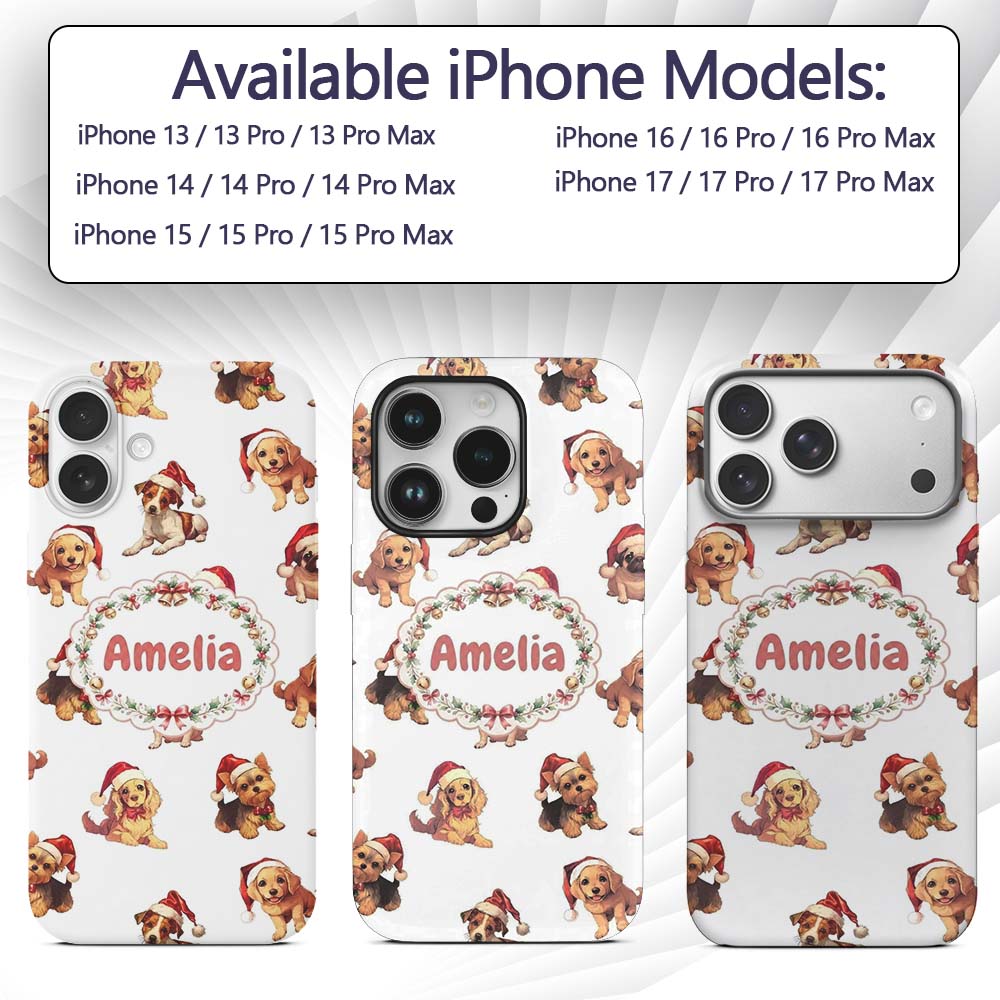 Cute Christmas Puppies in Santa Hats Seamless Custom Name Protective Phone Case Mobile Cover Durable Everyday Smartphone Shock Resistant