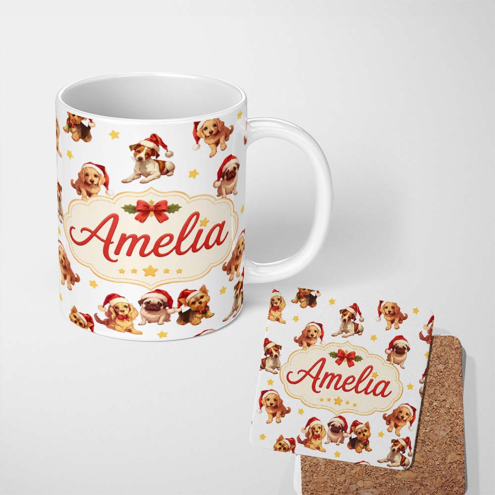 Personalized Custom Name Cute Christmas Puppies in Santa Hats Seamless Pattern Yellow Star 11oz Ceramic Coffee Tea Mug White Large Handle