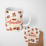 Personalized Custom Name Cute Christmas Puppies in Santa Hats Seamless Pattern Yellow Star 11oz Ceramic Coffee Tea Mug White Large Handle