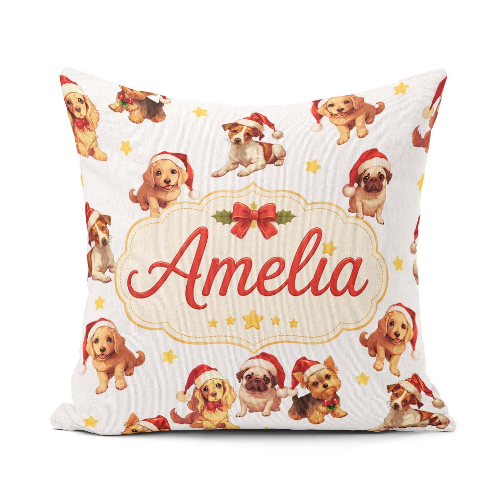 Custom Name Christmas Puppies in Santa Hats Seamless Yellow Star Square Filled Cushion Throw Pillow Sofa Bed Home Decor Zip Washable UK Made