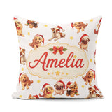 Custom Name Christmas Puppies in Santa Hats Seamless Yellow Star Square Filled Cushion Throw Pillow Sofa Bed Home Decor Zip Washable UK Made