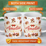 Personalized Custom Name Cute Christmas Puppies in Santa Hats Seamless Pattern Yellow Star 11oz Ceramic Coffee Tea Mug White Large Handle