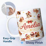 Personalized Custom Name Cute Christmas Puppies in Santa Hats Seamless Pattern Yellow Star 11oz Ceramic Coffee Tea Mug White Large Handle