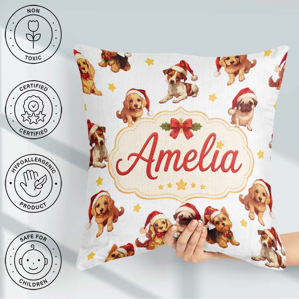 Custom Name Christmas Puppies in Santa Hats Seamless Yellow Star Square Filled Cushion Throw Pillow Sofa Bed Home Decor Zip Washable UK Made