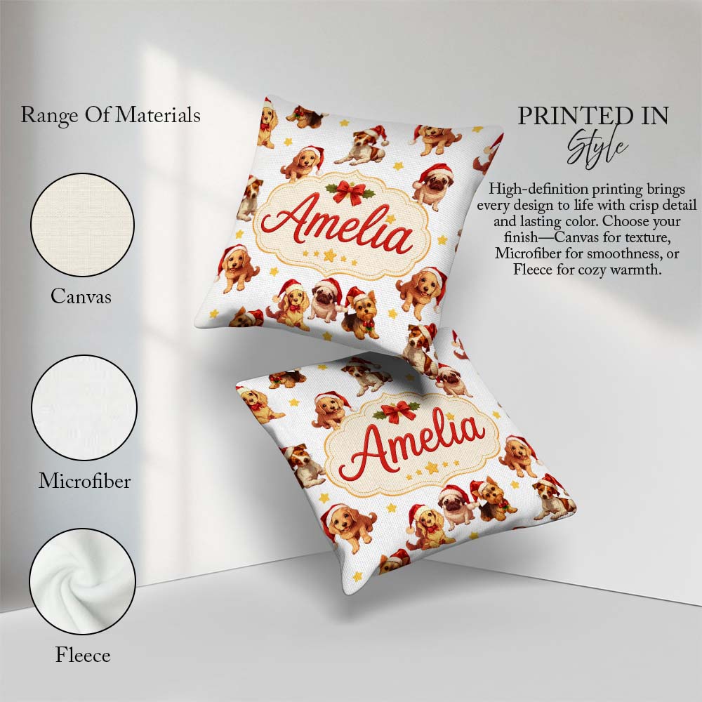 Custom Name Christmas Puppies in Santa Hats Seamless Yellow Star Square Filled Cushion Throw Pillow Sofa Bed Home Decor Zip Washable UK Made
