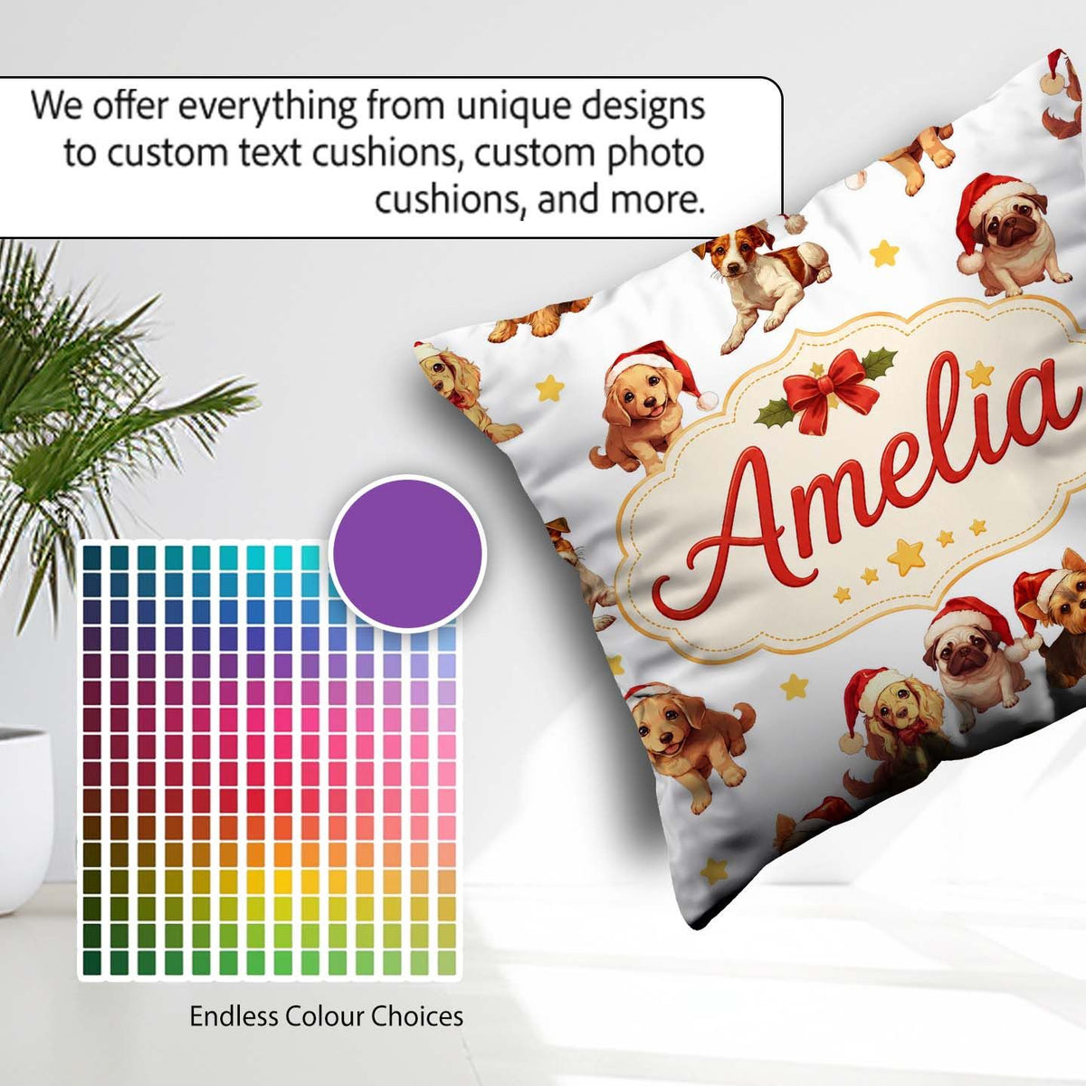 Custom Name Christmas Puppies in Santa Hats Seamless Yellow Star Square Filled Cushion Throw Pillow Sofa Bed Home Decor Zip Washable UK Made