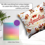 Custom Name Christmas Puppies in Santa Hats Seamless Yellow Star Square Filled Cushion Throw Pillow Sofa Bed Home Decor Zip Washable UK Made