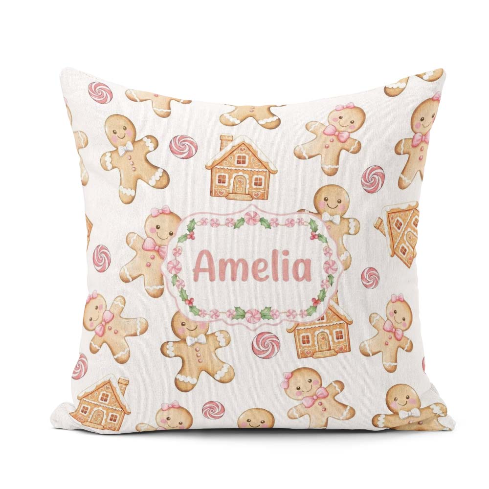 Custom Name Gingerbread Cookies Candy Sweets House Pattern White Square Filled Cushion Throw Pillow Sofa Bed Home Decor Zip Washable UK Made