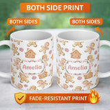 Personalized Custom Name Cute Gingerbread Cookies Candy Sweets House Seamless Pattern White 11oz Ceramic Coffee Tea Mug White Large Handle