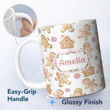 Personalized Custom Name Cute Gingerbread Cookies Candy Sweets House Seamless Pattern White 11oz Ceramic Coffee Tea Mug White Large Handle