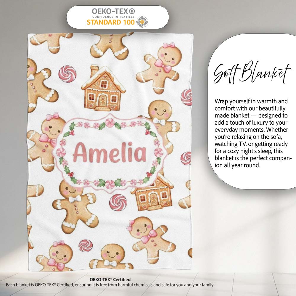 Cute Gingerbread Cookies Candy Sweets House Seamless Pattern White  Personalised Custom Name Super Soft Fleece Blanket Bed Sofa Throw