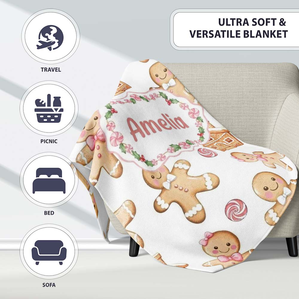 Cute Gingerbread Cookies Candy Sweets House Seamless Pattern White  Personalised Custom Name Super Soft Fleece Blanket Bed Sofa Throw