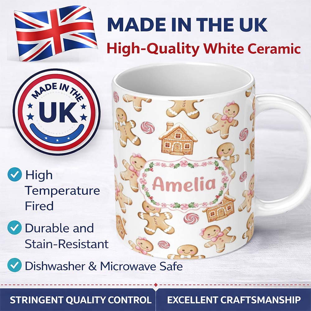 Personalized Custom Name Cute Gingerbread Cookies Candy Sweets House Seamless Pattern White 11oz Ceramic Coffee Tea Mug White Large Handle