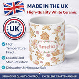 Personalized Custom Name Cute Gingerbread Cookies Candy Sweets House Seamless Pattern White 11oz Ceramic Coffee Tea Mug White Large Handle