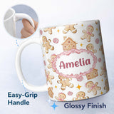 Personalized Custom Name Cute Gingerbread Cookies Candy Sweets House Seamless Pattern 11oz Ceramic Coffee Tea Mug White Large Handle