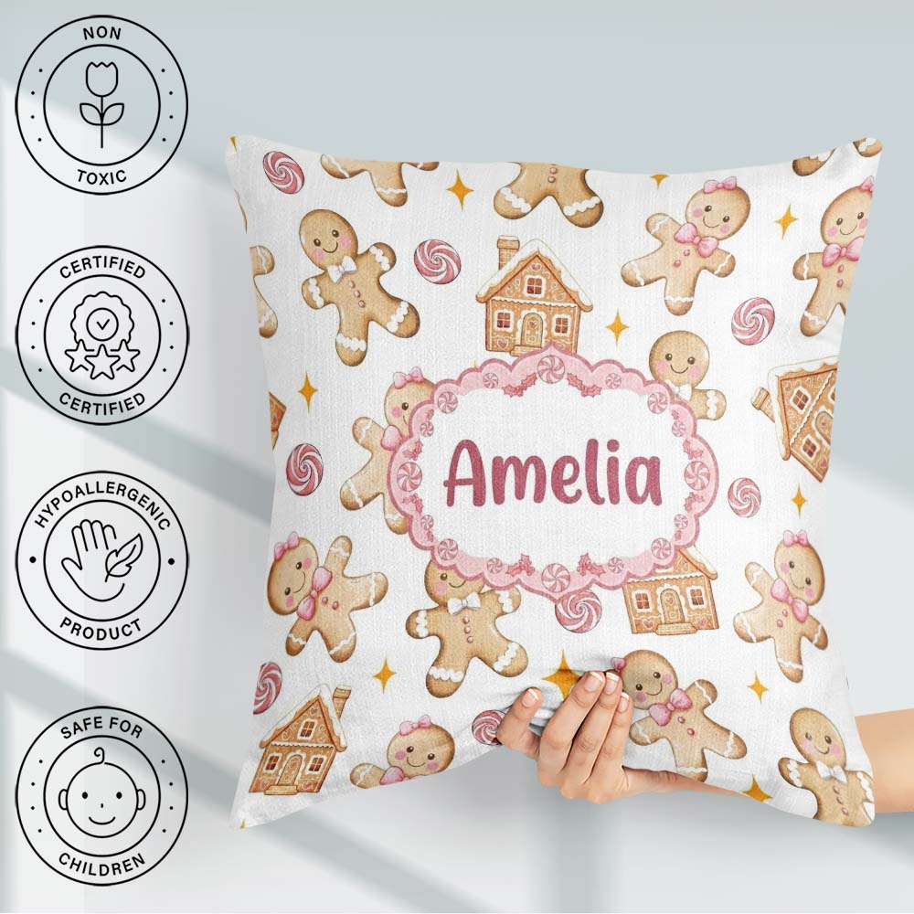 Custom Name Cute Gingerbread Cookies Candy Sweets House Seamless Square Filled Cushion Throw Pillow Sofa Bed Home Decor Zip Washable UK Made