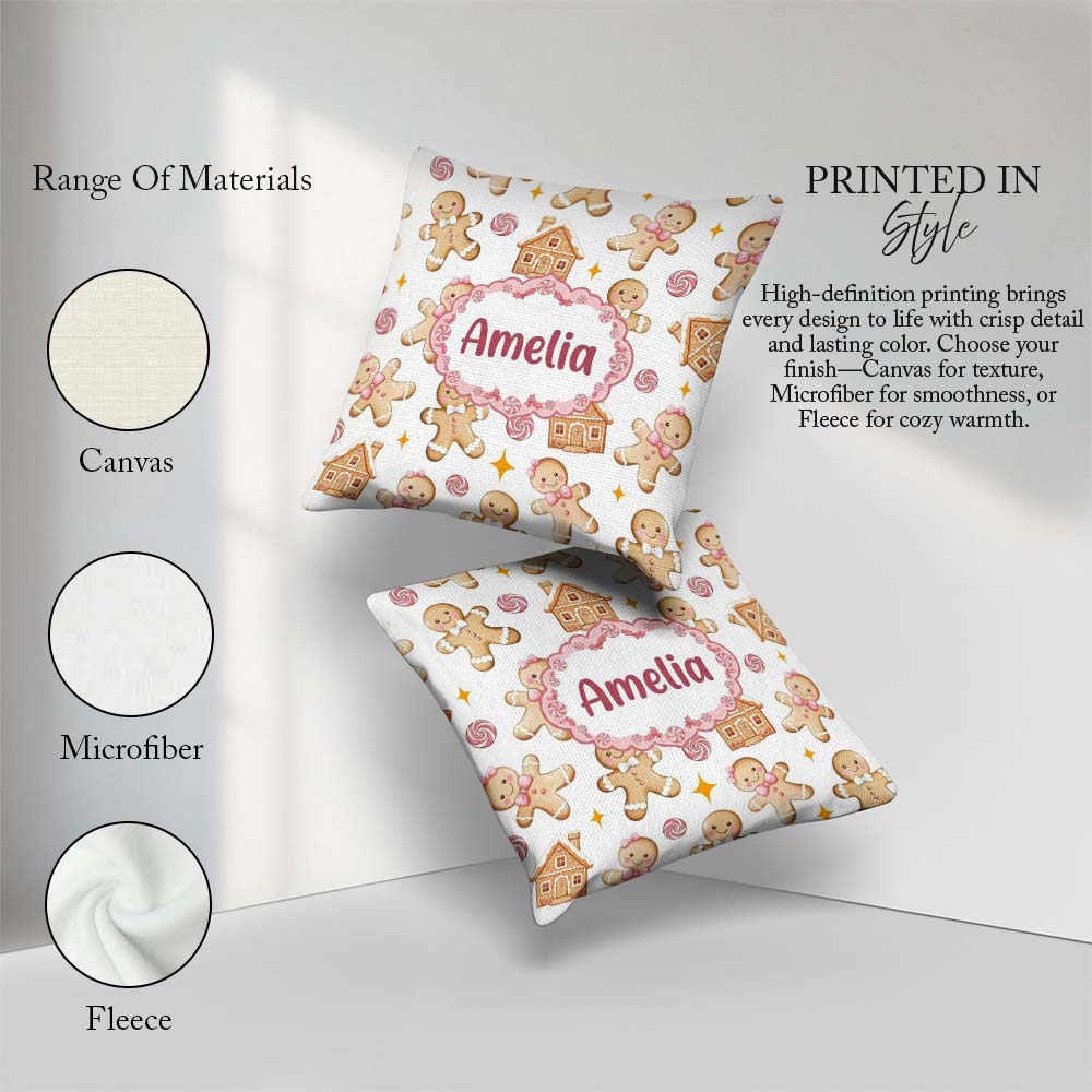 Custom Name Cute Gingerbread Cookies Candy Sweets House Seamless Square Filled Cushion Throw Pillow Sofa Bed Home Decor Zip Washable UK Made