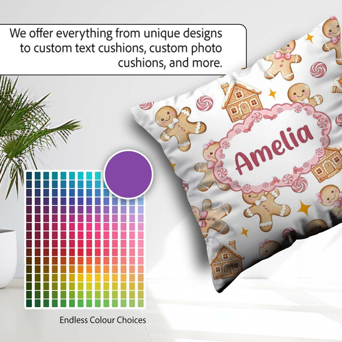 Custom Name Cute Gingerbread Cookies Candy Sweets House Seamless Square Filled Cushion Throw Pillow Sofa Bed Home Decor Zip Washable UK Made