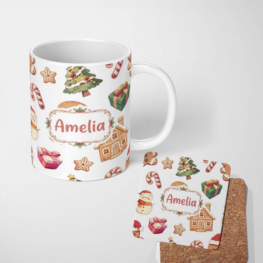 Personalized Custom Name Gingerbread Cookies Candy Sweets House Seamless Pattern Festive Mix 11oz Ceramic Coffee Tea Mug White Large Handle