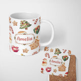 Personalized Custom Name Gingerbread Cookies Candy Sweets House Seamless Pattern Festive Mix 11oz Ceramic Coffee Tea Mug White Large Handle