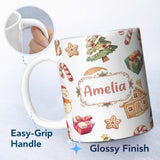Personalized Custom Name Gingerbread Cookies Candy Sweets House Seamless Pattern Festive Mix 11oz Ceramic Coffee Tea Mug White Large Handle