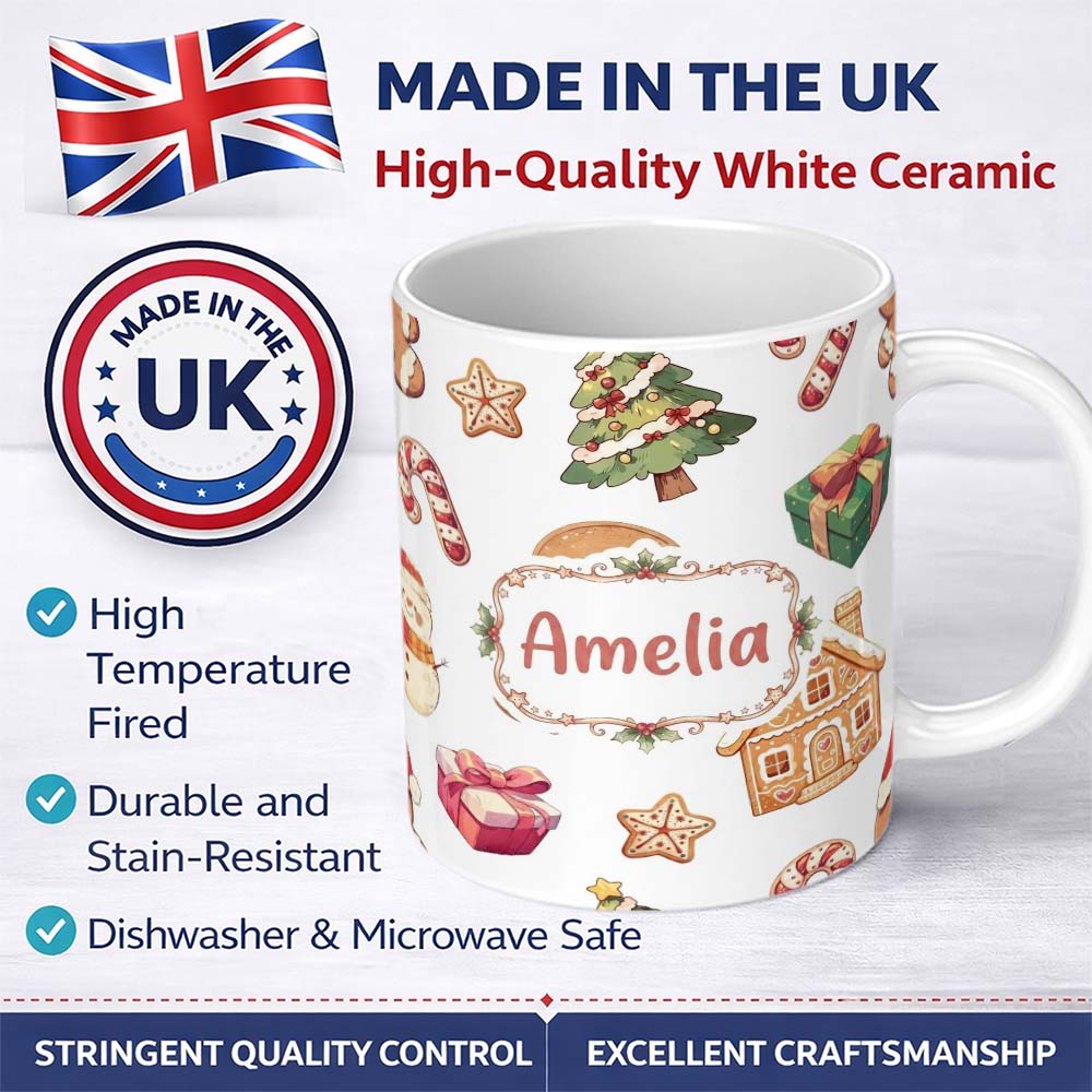 Personalized Custom Name Gingerbread Cookies Candy Sweets House Seamless Pattern Festive Mix 11oz Ceramic Coffee Tea Mug White Large Handle